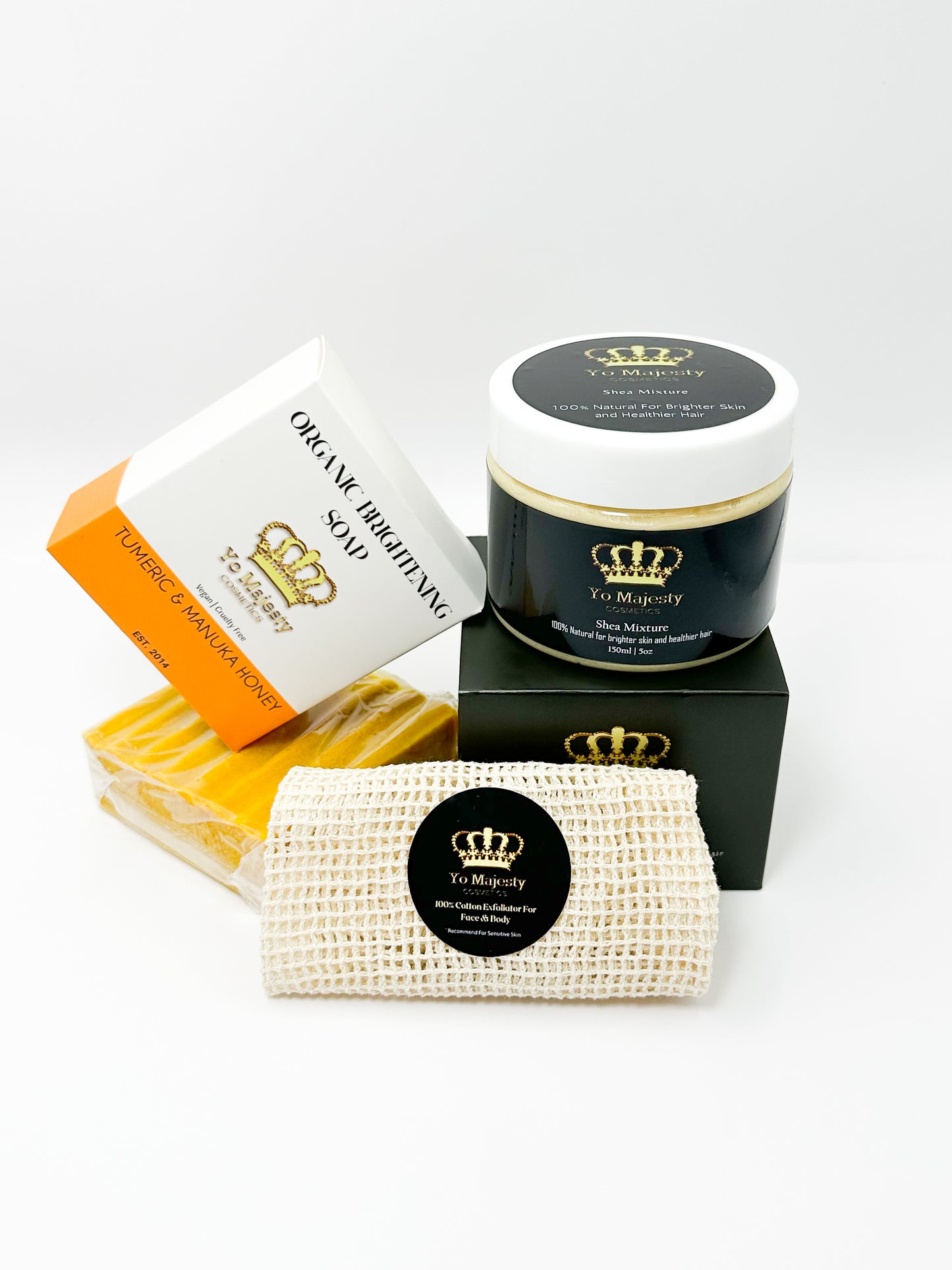 Glowy Skin Trio: Turmeric & Manuka Honey Soap Bar + Shea Mixture Body Butter + Exfoliating Soap Bag | Glass Skin Set Moisturizing Nourishing Exfoliate Body Care