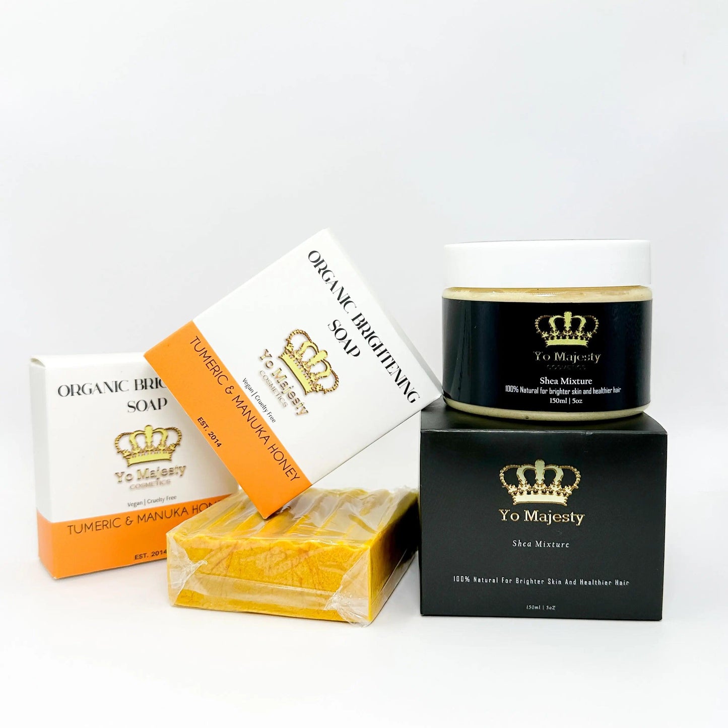 Gentle turmeric skincare set – soothes, hydrates, and restores skin’s natural brightness.Moisturizing turmeric soap & shea butter – deeply nourishes, repairs dry skin, and enhances your glow.
