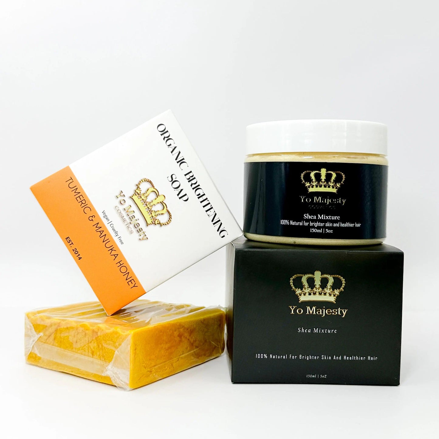 Natural brightening skincare duo – turmeric soap and shea butter for deep hydration and radiant skin.
Glowing skin routine set – turmeric soap and shea mixture for a flawless, luminous complexion.
