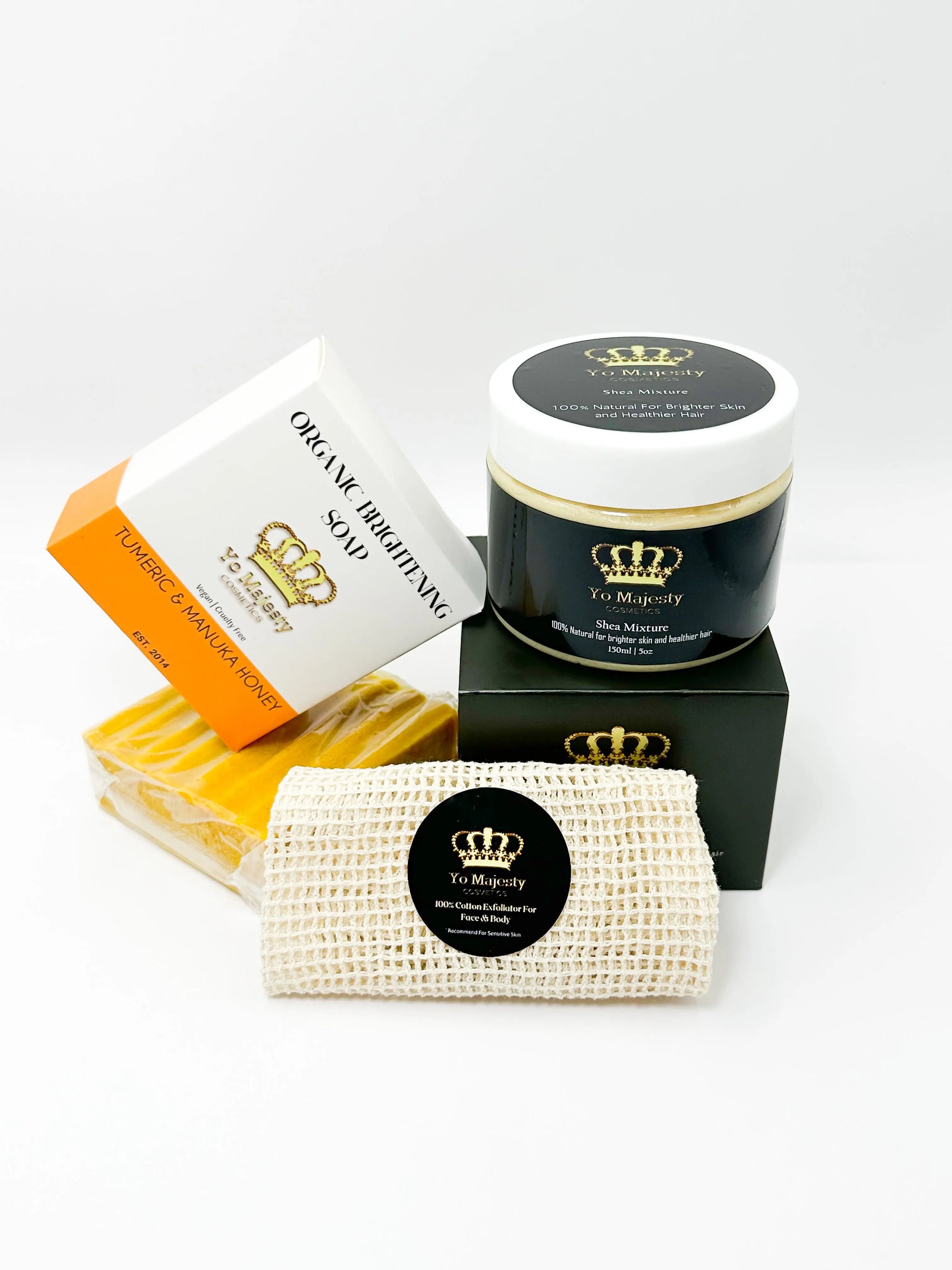 Glowy Skin Trio: Turmeric & Manuka Honey Soap Bar + Shea Mixture Body Butter + Exfoliating Soap Bag | Glass Skin Set Moisturizing Nourishing Exfoliate Body Care - Yo Majesty Cosmetics